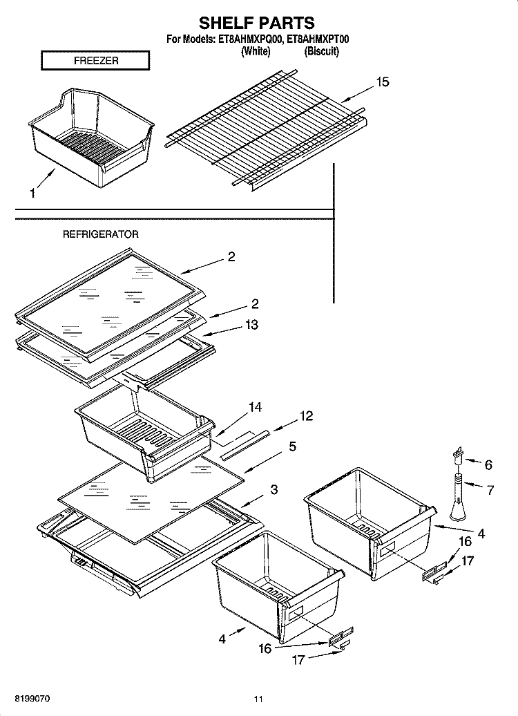 SHELF PARTS, OPTIONAL PARTS Diagram and Parts List for ET8AHMXPQ00  Whirlpool Refrigerator
