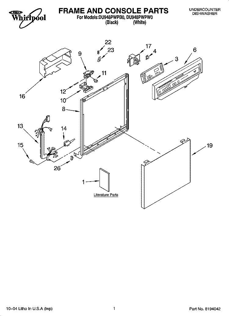 FRAME AND CONSOLE PARTS Diagram and Parts List for DU948PWPB0  Whirlpool Dishwasher
