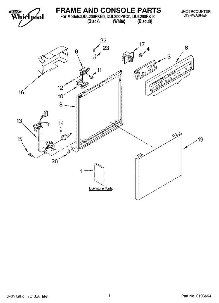 FRAME AND CONSOLE, LITERATURE Diagram and Parts List for DUL200PKB0  Whirlpool Dishwasher