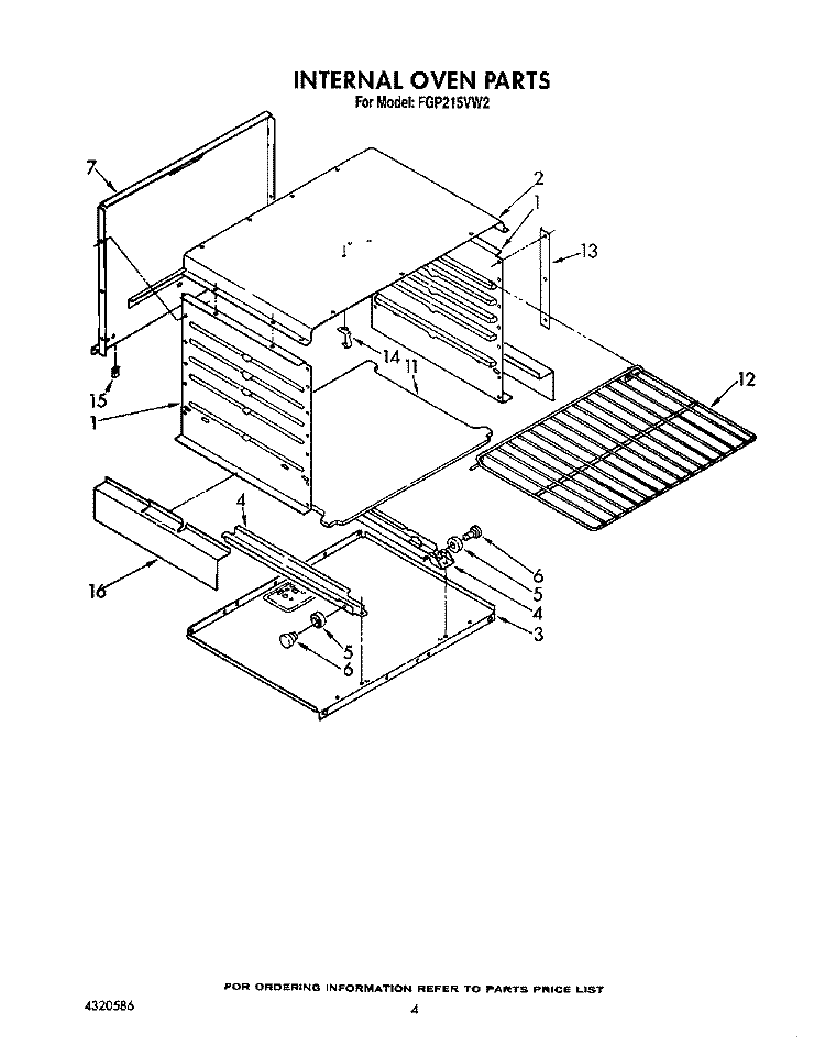 INTERNAL OVEN Diagram and Parts List for FGP215VW2  Roper Range