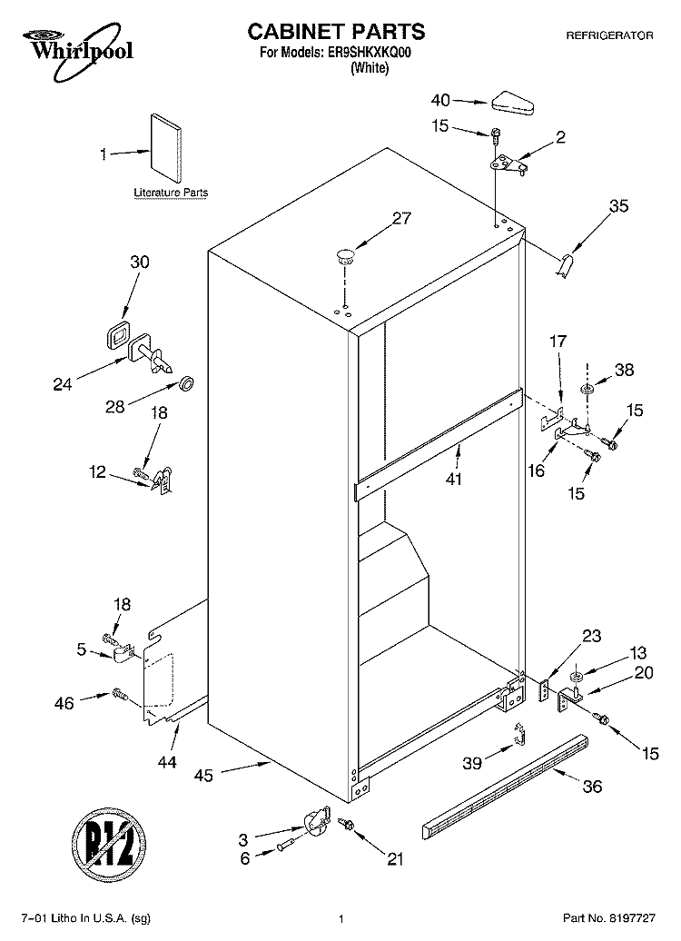 CABINET, LITERATURE Diagram and Parts List for ER9SHKXKQ00  Whirlpool Refrigerator