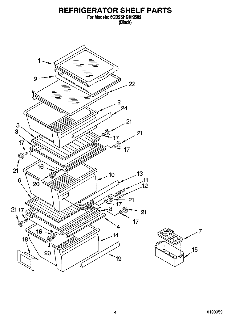 REFRIGERATOR SHELF PARTS Diagram and Parts List for 6GD2SHQXKB02  Whirlpool Refrigerator