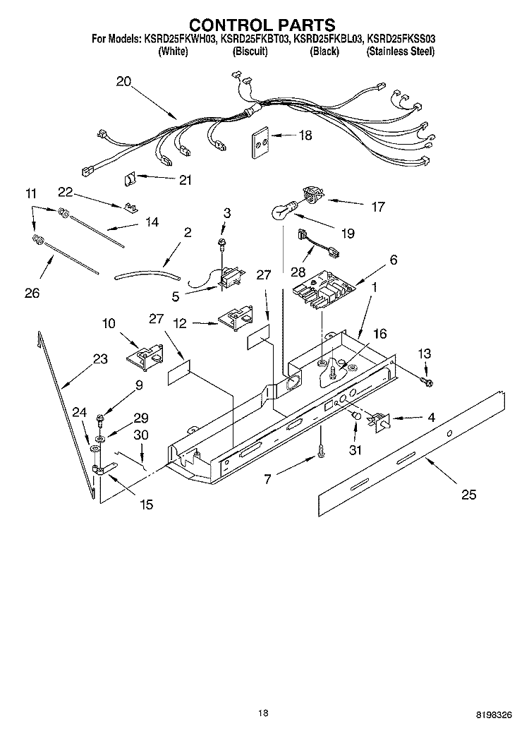 CONTROL PARTS Diagram and Parts List for KSRD25FKSS03  KitchenAid Refrigerator