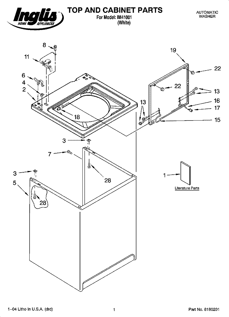 TOP AND CABINET PARTS Diagram and Parts List for IM41001  Inglis Washer