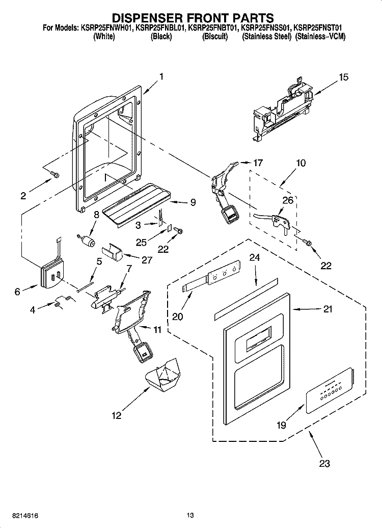 DISPENSER FRONT PARTS Diagram and Parts List for KSRP25FNBL01  KitchenAid Refrigerator