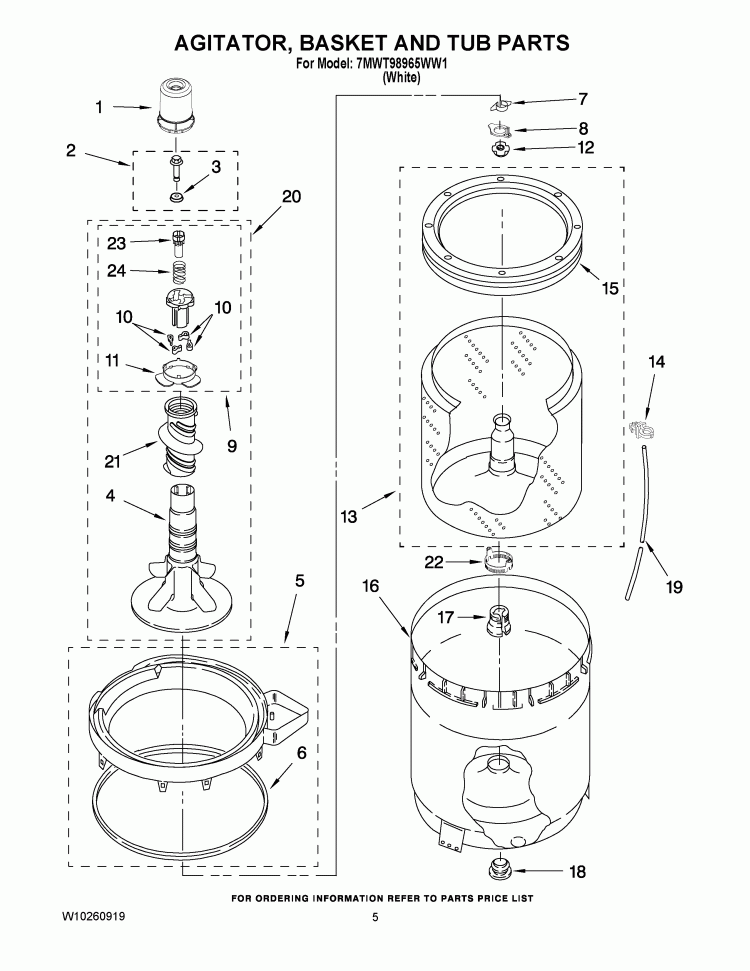 AGITATOR, BASKET AND TUB PARTS Diagram and Parts List for 7MWT98965WW1  Whirlpool Washer