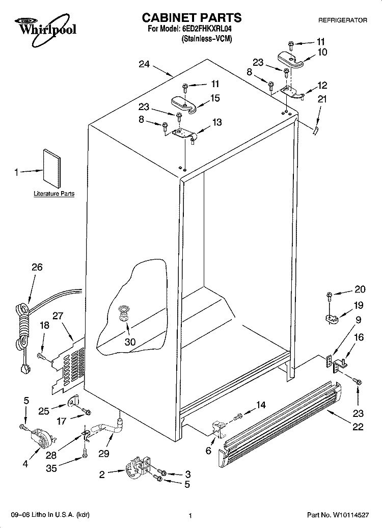 CABINET PARTS Diagram and Parts List for 6ED2FHKXRL04  Whirlpool Refrigerator