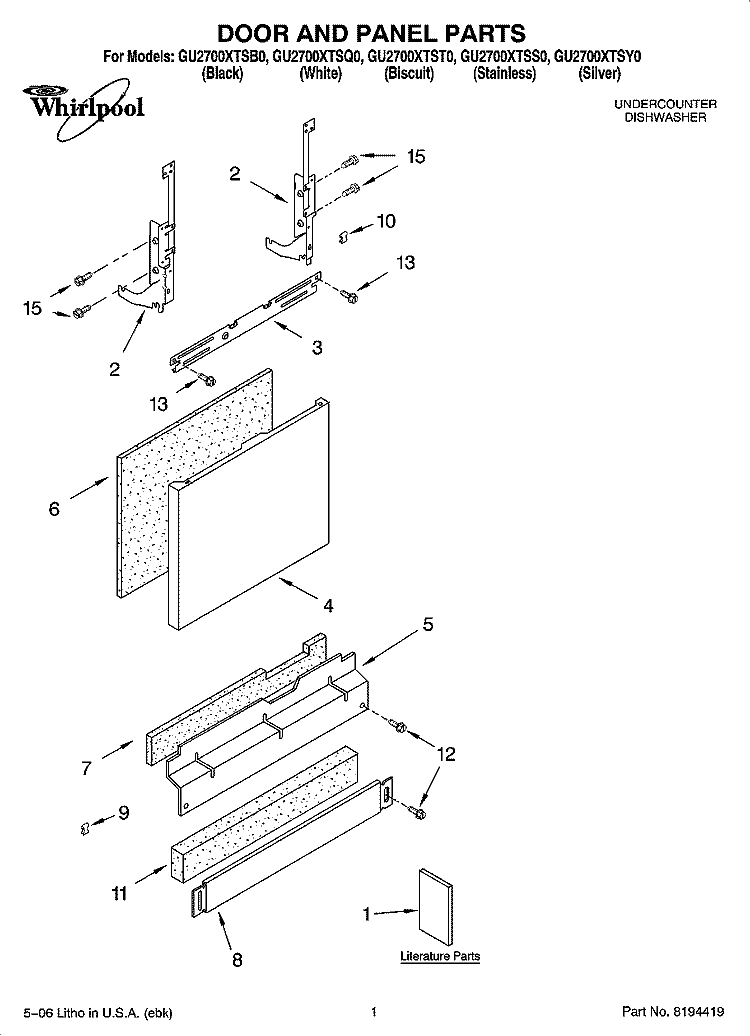 DOOR AND PANEL PARTS Diagram and Parts List for GU2700XTSY0  Whirlpool Dishwasher