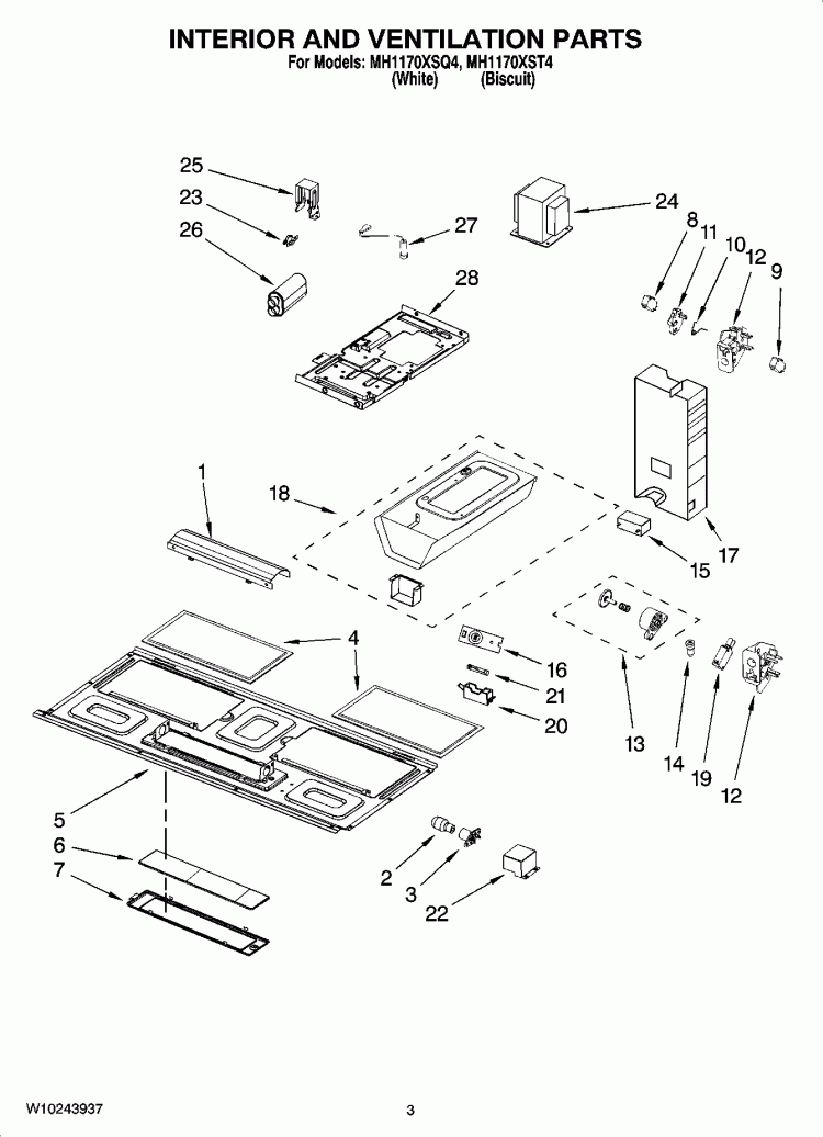 INTERIOR AND VENTILATION PARTS Diagram and Parts List for MH1170XST4  Whirlpool Microwave