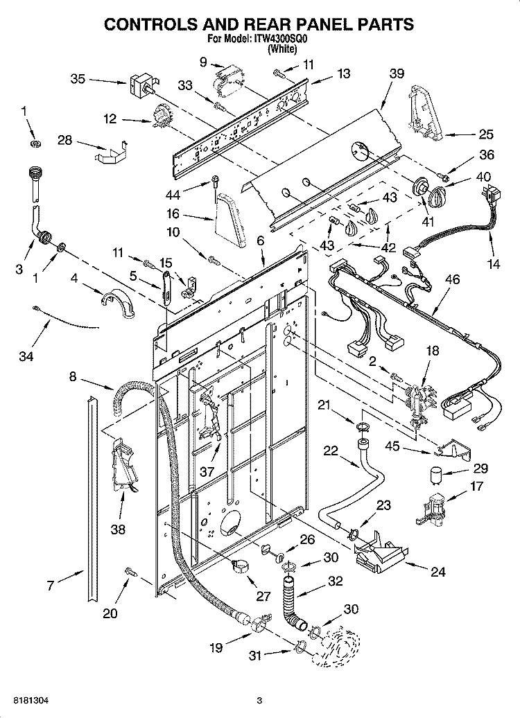 CONTROLS AND REAR PANEL PARTS Diagram and Parts List for ITW4300SQ0  Inglis Washer