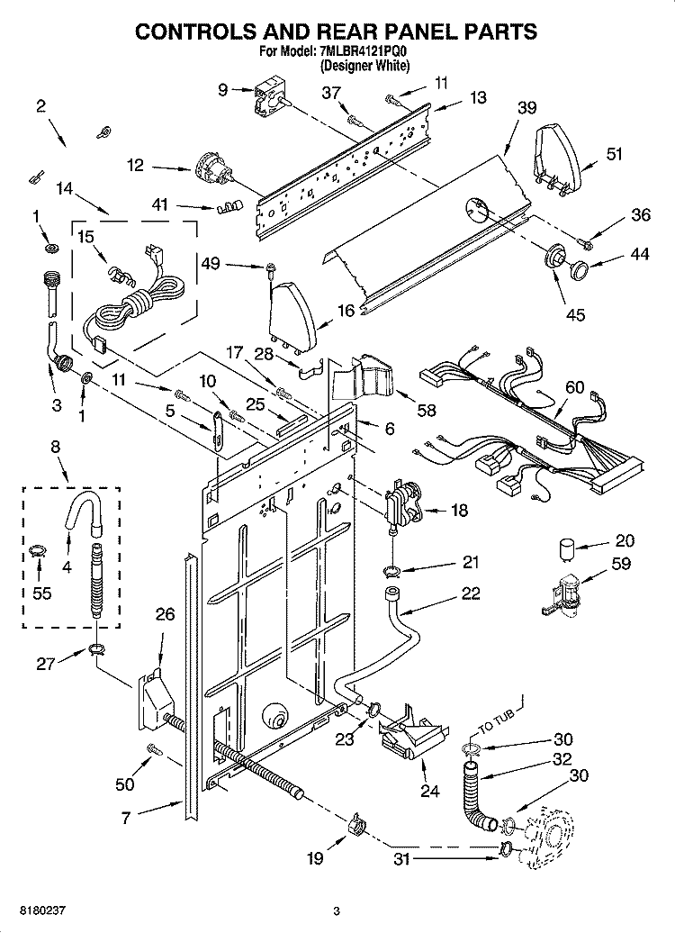 CONTROLS AND REAR PANEL PARTS Diagram and Parts List for 7MLBR4121PQ0  Whirlpool Washer