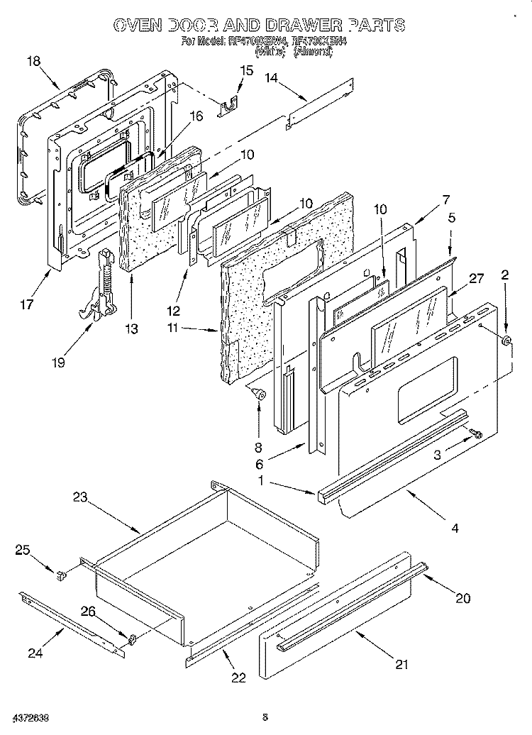 OVEN DOOR AND DRAWER Diagram and Parts List for RF4700XBN4  Whirlpool Range