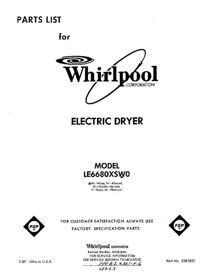 SECTION Diagram and Parts List for LE6680XSW0  Whirlpool Dryer