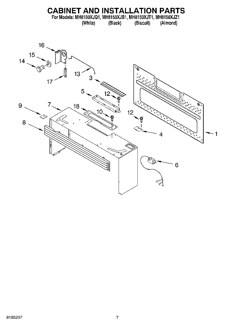 CABINET AND INSTALLATION PARTS Diagram and Parts List for MH8150XJZ1  Whirlpool Microwave