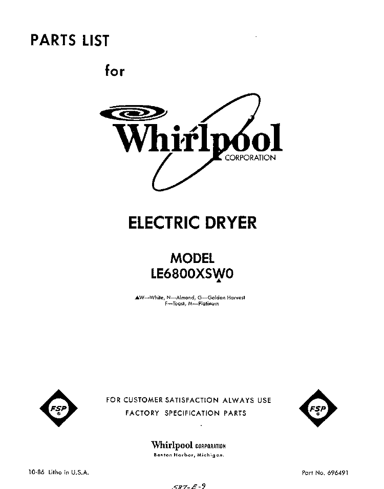 SECTION Diagram and Parts List for LE6800XSW0  Whirlpool Dryer