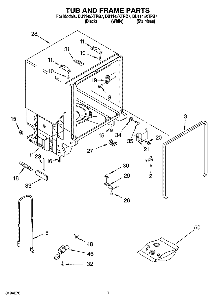 TUB AND FRAME PARTS Diagram and Parts List for DU1145XTPQ7  Whirlpool Dishwasher