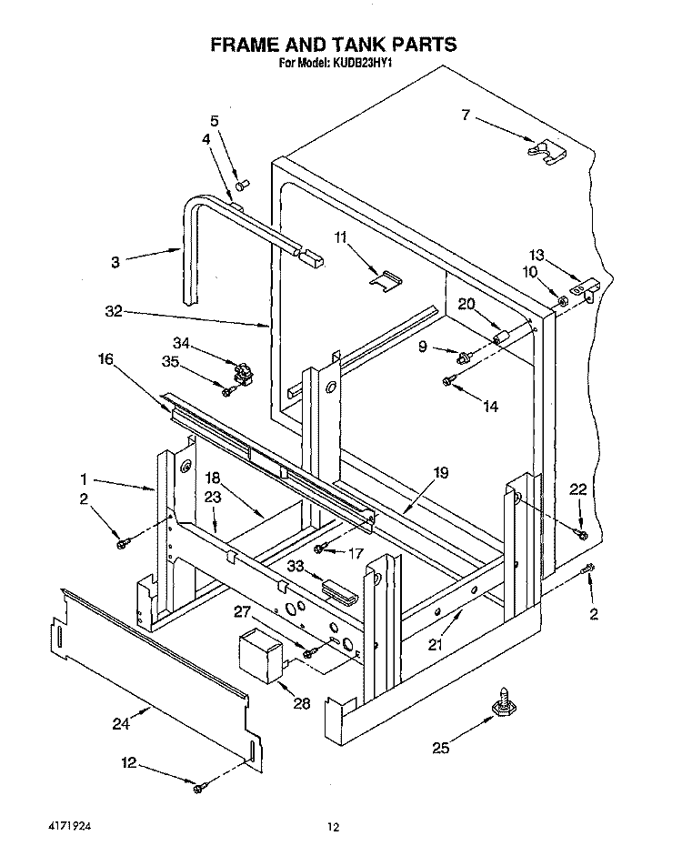 FRAME AND TANK Diagram and Parts List for KUDB23HY1  KitchenAid Dishwasher