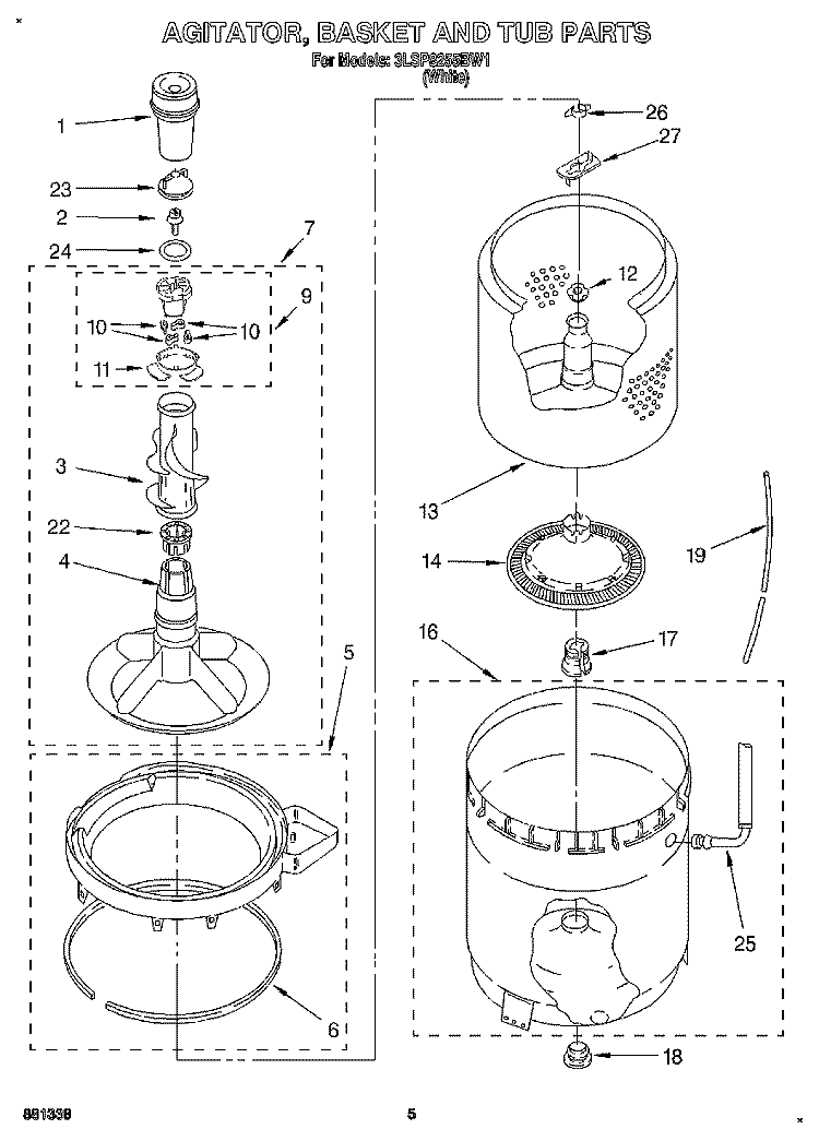AGITATOR, BASKET AND TUB Diagram and Parts List for 3LSP8255BW1  Whirlpool Washer