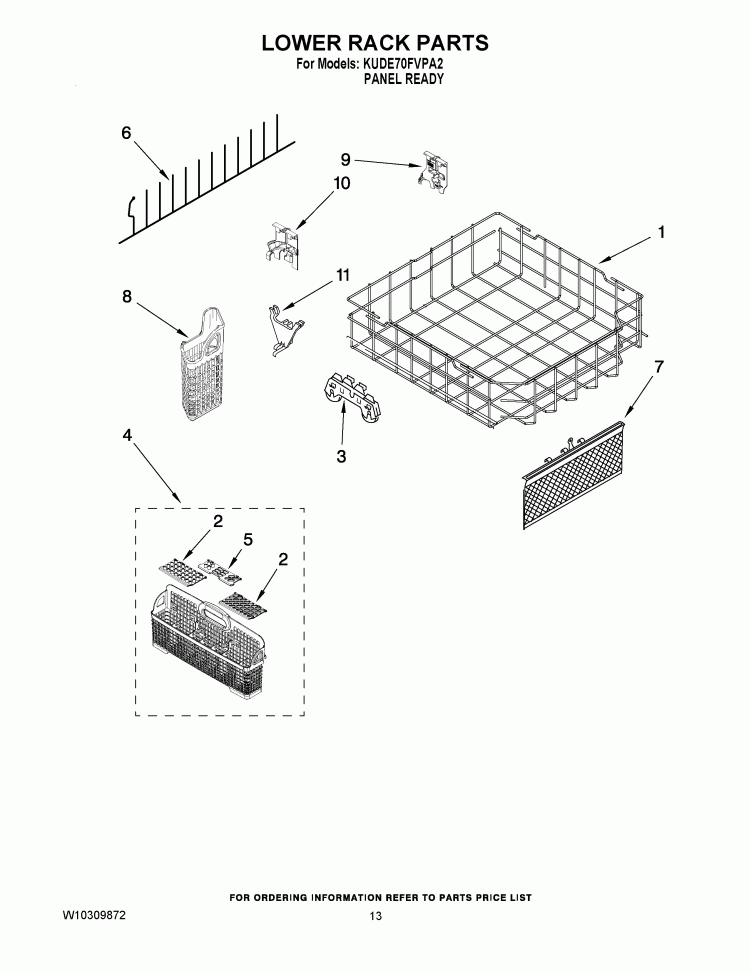 LOWER RACK PARTS Diagram and Parts List for KUDE70FVPA2  KitchenAid Dishwasher