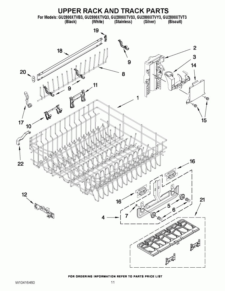 UPPER RACK AND TRACK PARTS Diagram and Parts List for GU2800XTVS3  Whirlpool Dishwasher