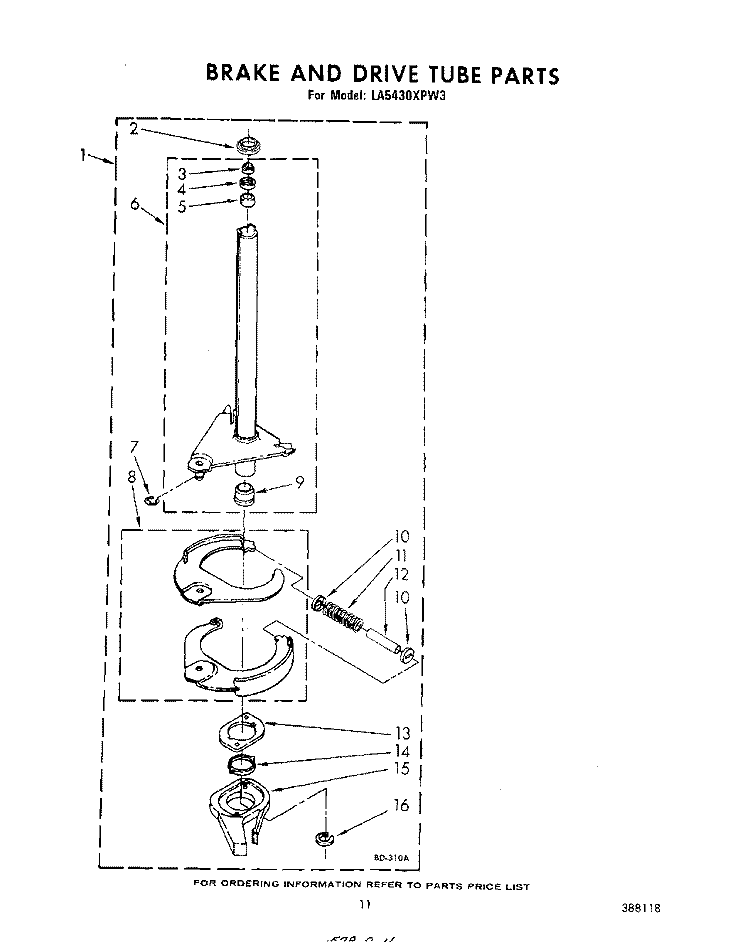 BRAKE AND DRIVE TUBE Diagram and Parts List for LA5430XPW3  Whirlpool Washer