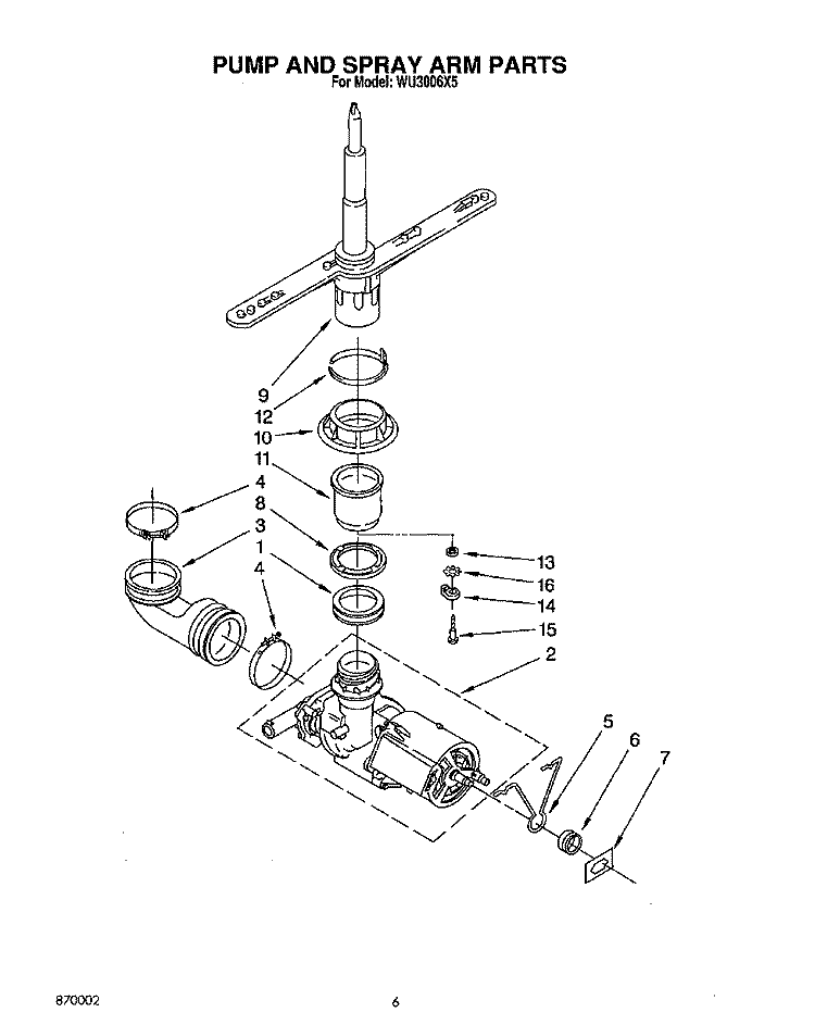 PUMP AND SPRAY ARM Diagram and Parts List for WU3006X5  Roper Dishwasher