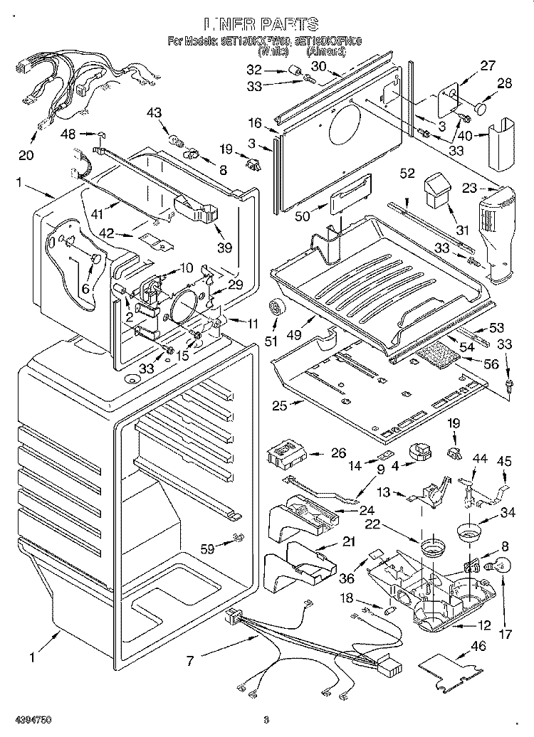 LINER Diagram and Parts List for 8ET19DKXFN00  Whirlpool Refrigerator