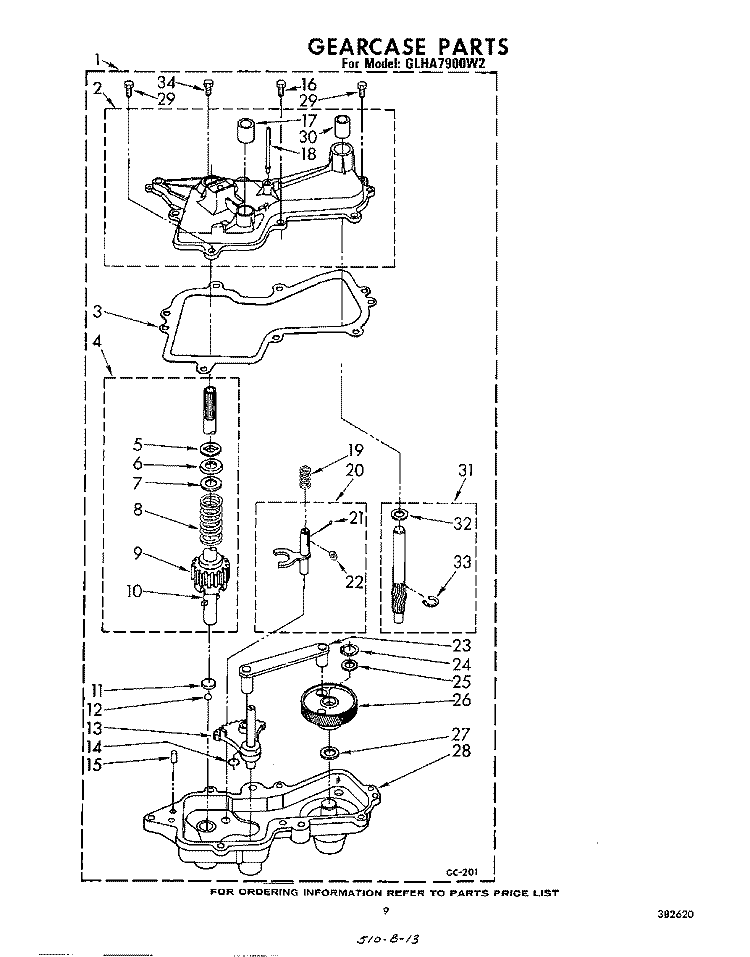 GEARCASE Diagram and Parts List for GLHA7900W2  Whirlpool Washer