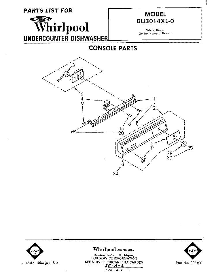 CONSOLE Diagram and Parts List for DU3014XL0  Whirlpool Dishwasher