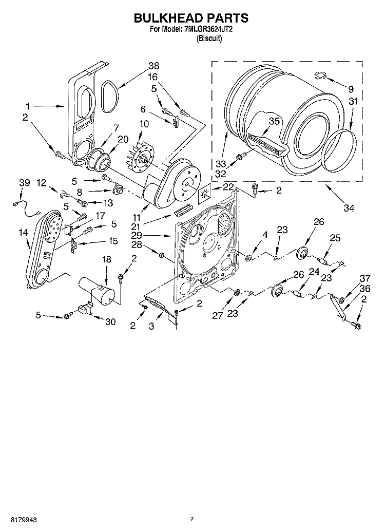 BULKHEAD Diagram and Parts List for 7MLGR3624JT2  Whirlpool Dryer