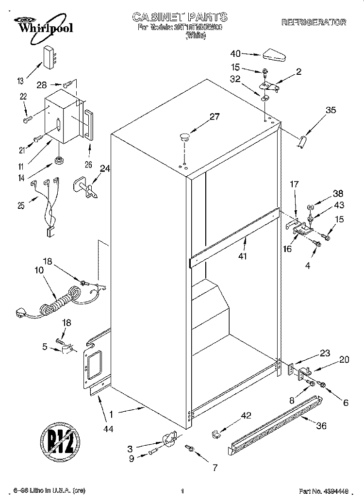 CABINET Diagram and Parts List for 3ET18TMXEW00  Whirlpool Refrigerator
