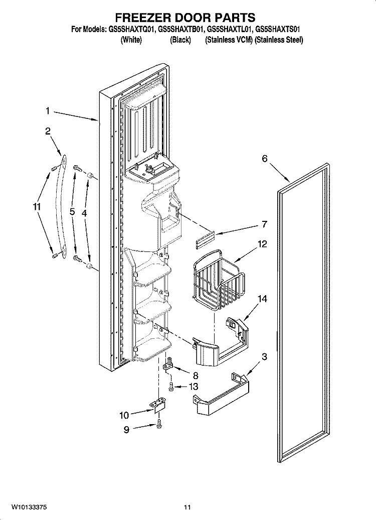 FREEZER DOOR PARTS Diagram and Parts List for GS5SHAXTL01  Whirlpool Refrigerator