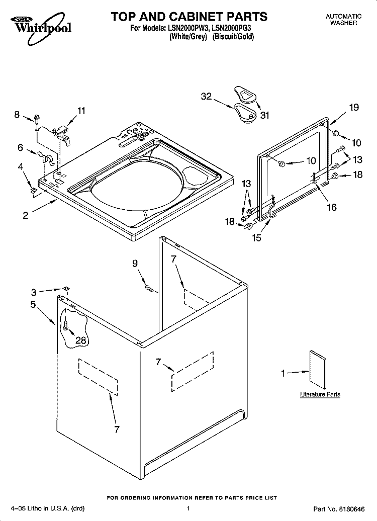 TOP AND CABINET PARTS Diagram and Parts List for LSN2000PG3  Whirlpool Washer