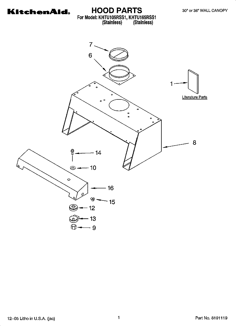 HOOD PARTS Diagram and Parts List for KHTU105RSS1  KitchenAid Range Hood