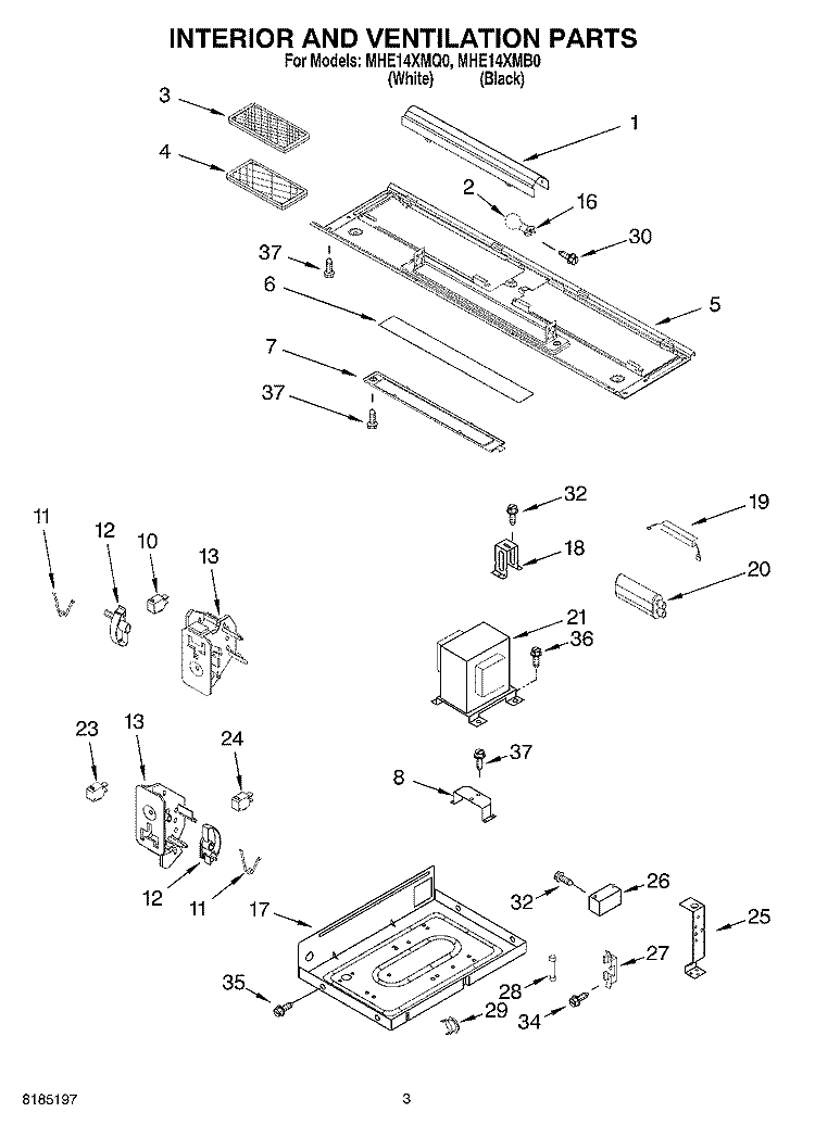 INTERIOR AND VENTILATION PARTS Diagram and Parts List for MHE14XMQ0  Roper Microwave