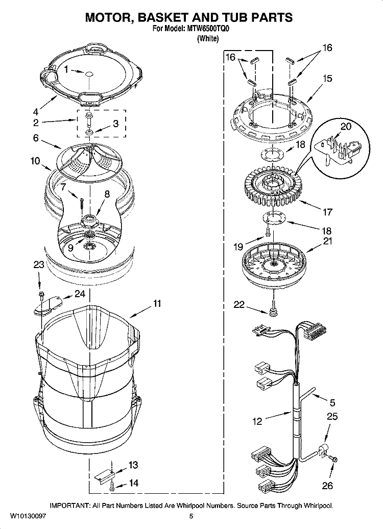MOTOR, BASKET AND TUB PARTS Diagram and Parts List for MTW6500TQ0  Whirlpool Washer