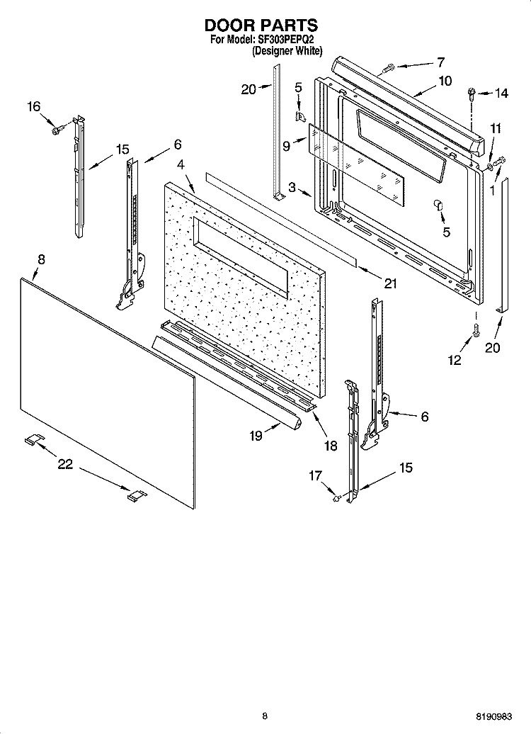 DOOR PARTS, MISCELLANEOUS PARTS Diagram and Parts List for SF303PEPQ2  Whirlpool Range