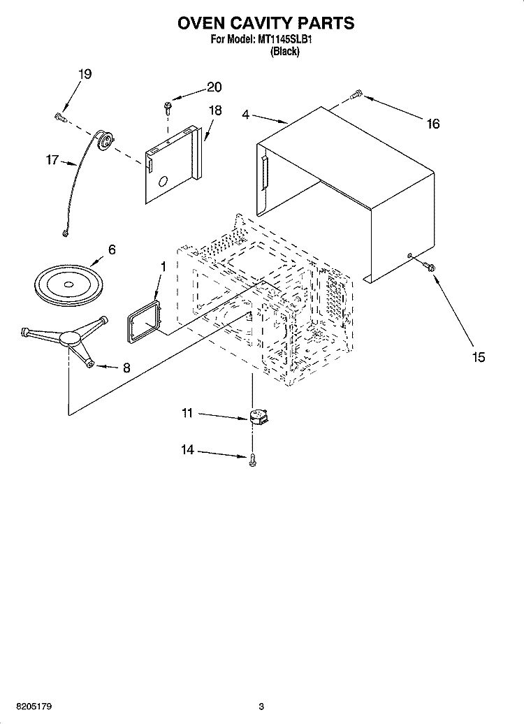OVEN CAVITY PARTS Diagram and Parts List for MT1145SLB1  Whirlpool Microwave