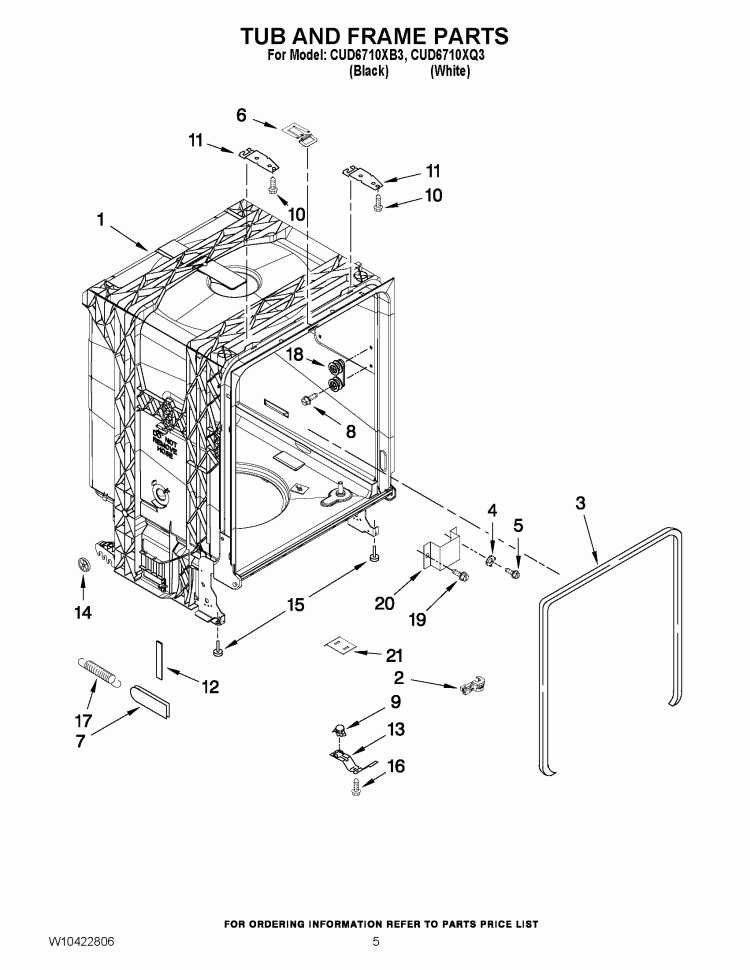 TUB AND FRAME PARTS Diagram and Parts List for CUD6710XB3  Whirlpool Dishwasher