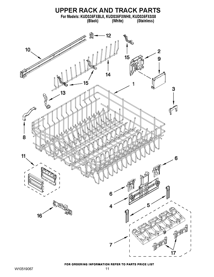 UPPER RACK AND TRACK PARTS Diagram and Parts List for KUDS35FXSS8  KitchenAid Dishwasher