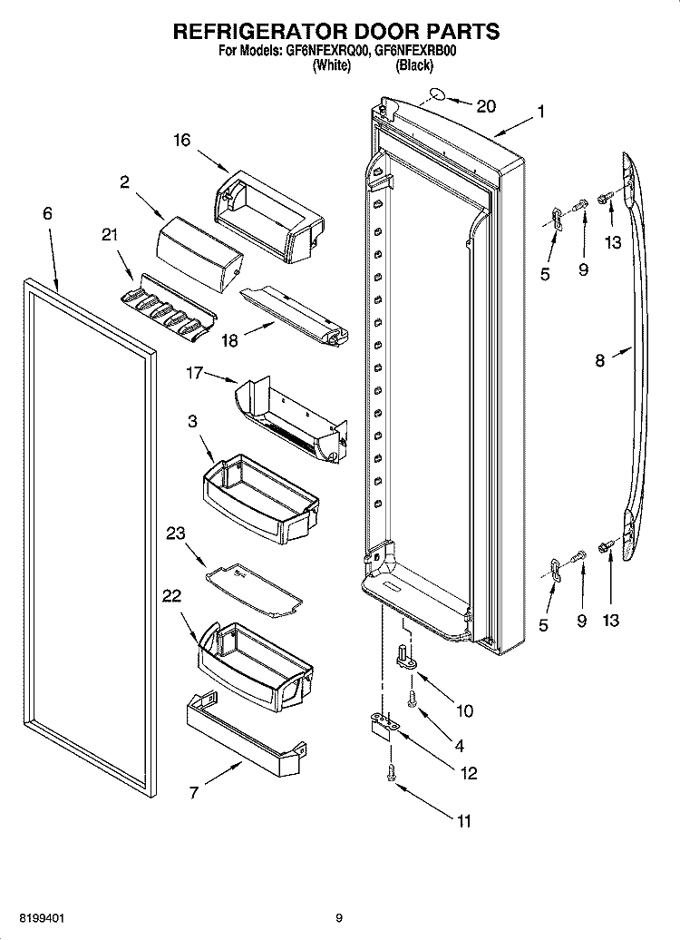 REFRIGERATOR DOOR PARTS Diagram and Parts List for GF6NFEXRQ00  Whirlpool Refrigerator