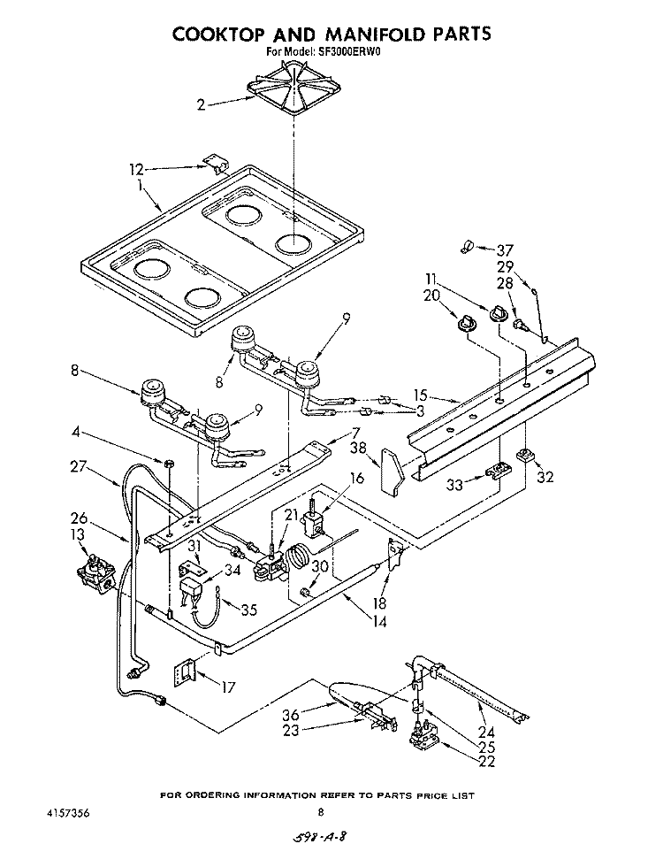 COOKTOP AND MANIFOLD , LITERATURE AND OPTIONAL Diagram and Parts List for SF3000ERW0  Whirlpool Range