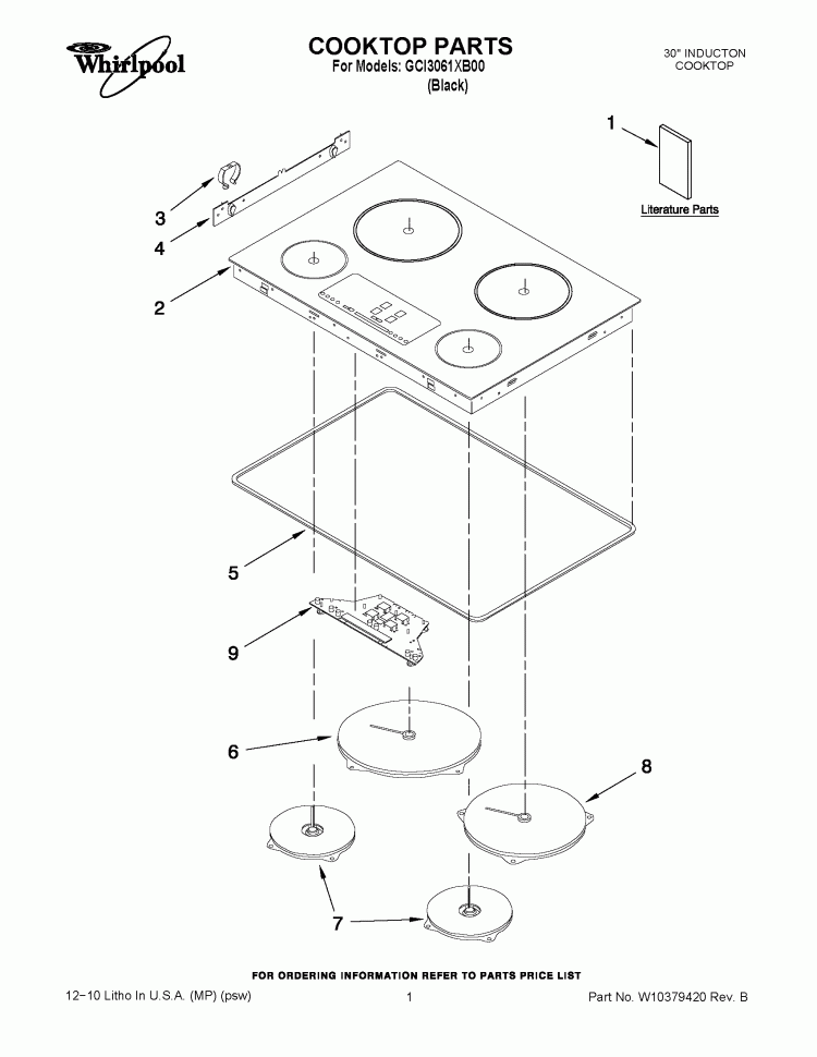 COOKTOP PARTS Diagram and Parts List for GCI3061XB00  Whirlpool Cooktop