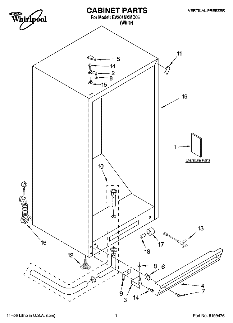 CABINET PARTS Diagram and Parts List for EV201NXMQ05  Whirlpool Freezer