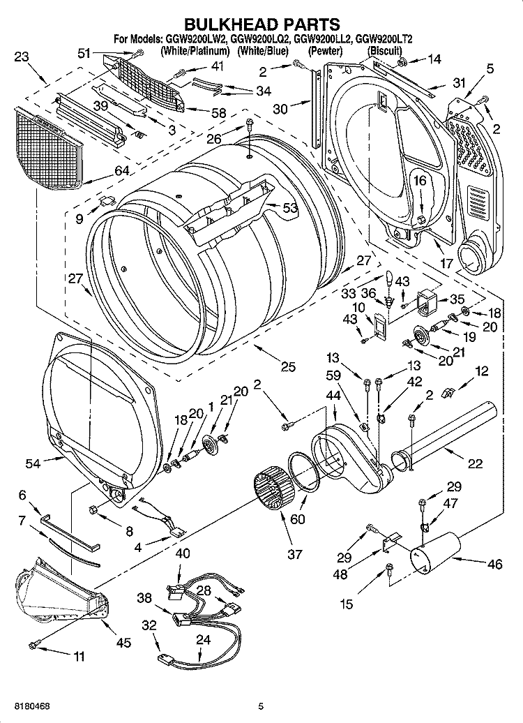 BULKHEAD PARTS Diagram and Parts List for GGW9200LL2  Whirlpool Dryer