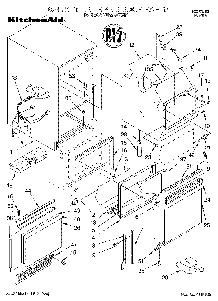 CABINET LINER AND DOOR, LITERATURE Diagram and Parts List for KUIS185EWH1  KitchenAid Ice Maker