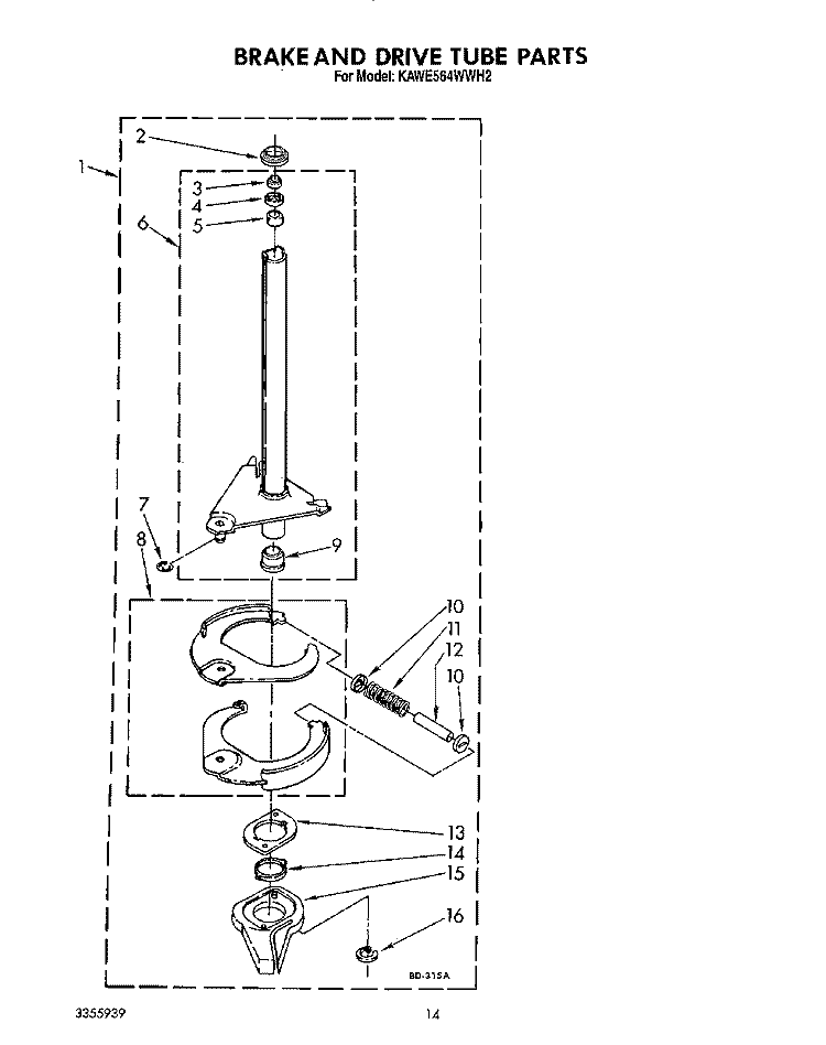 BRAKE AND DRIVE TUBE Diagram and Parts List for KAWE564WWH2  KitchenAid Washer