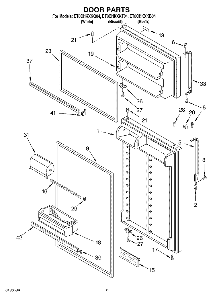 DOOR PARTS Diagram and Parts List for ET8CHKXKT04  Whirlpool Refrigerator