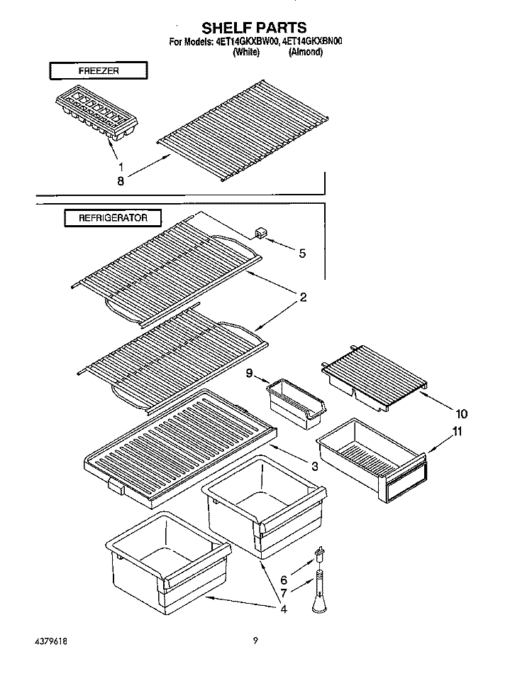 SHELF Diagram and Parts List for 4ET14GKXBW00  Whirlpool Refrigerator