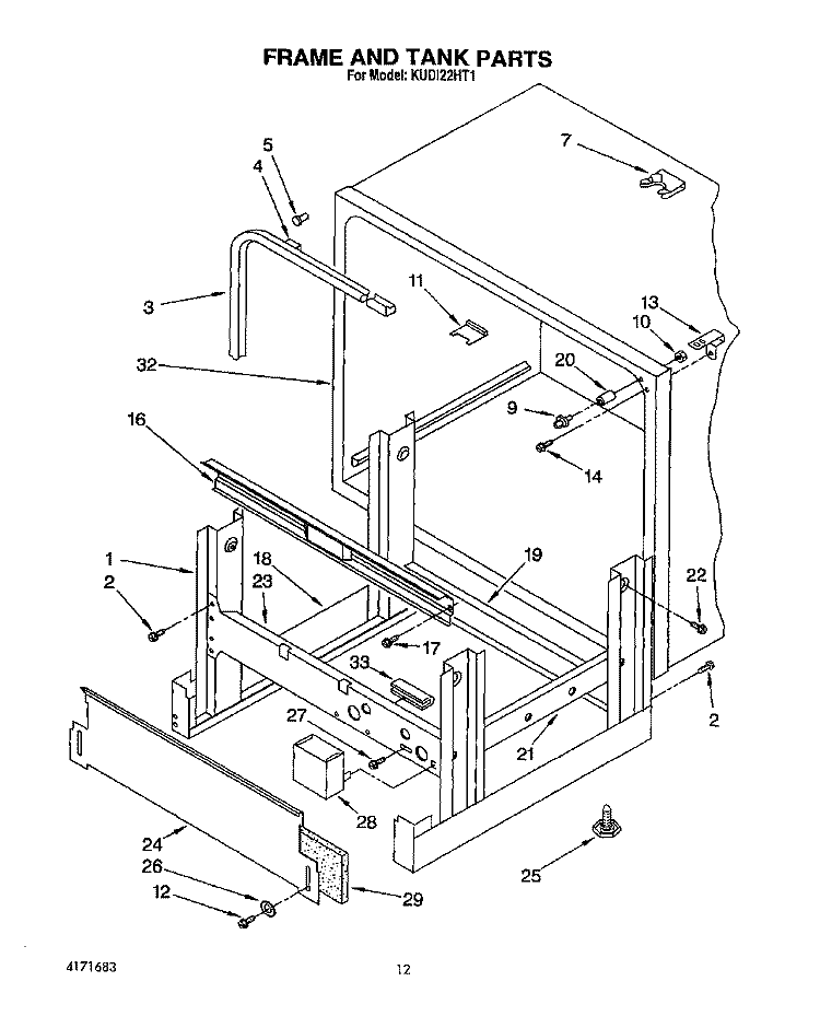 FRAME AND TANK Diagram and Parts List for KUDI22HT1  KitchenAid Dishwasher